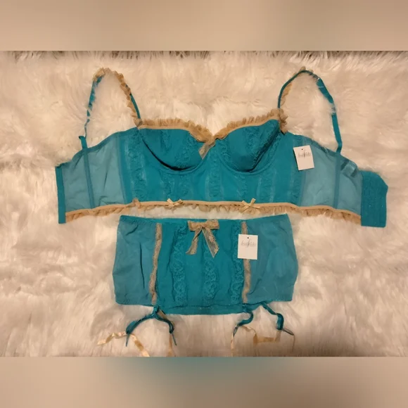 Power Femme Lace Bustier Bra & Garter Skirt Set in Azure Blue & Champagne - Picture 1 of 11